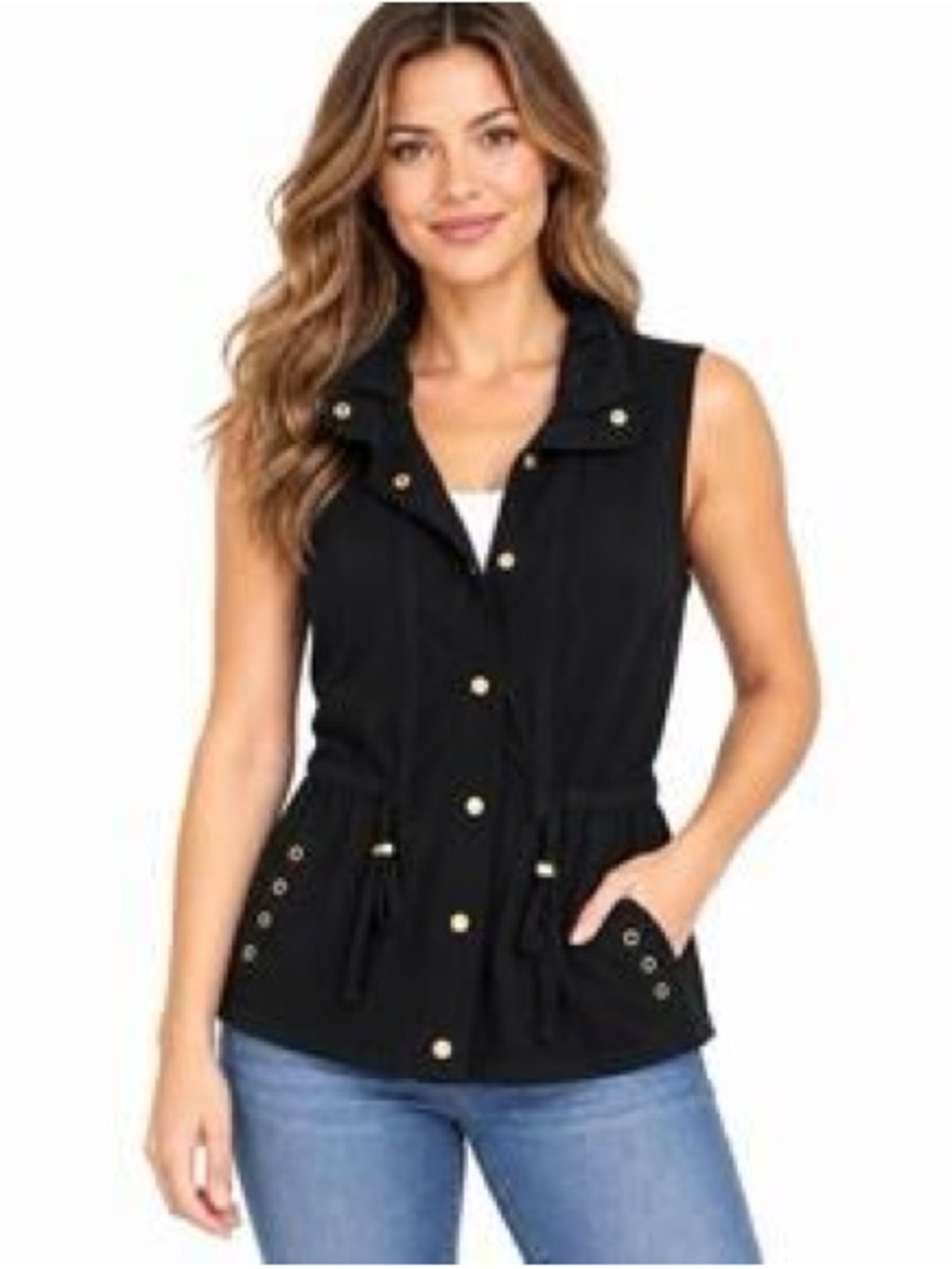 Cache Black Sleeveless Utility Vest with Gold Hardware